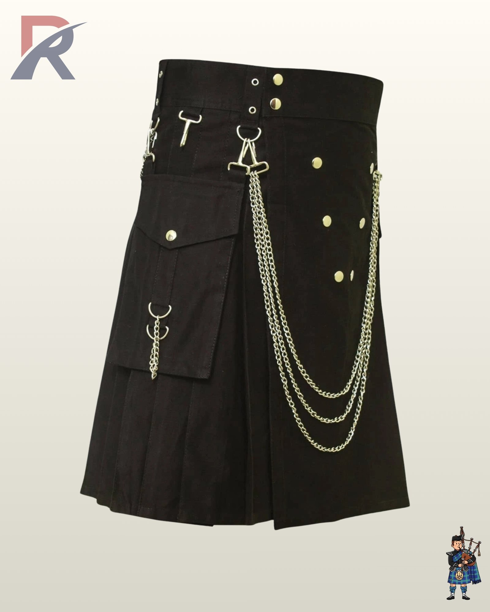 Heavy-duty black canvas tactical kilt styled with gold metallic snaps, side cargo pockets, and hanging chain accessories.