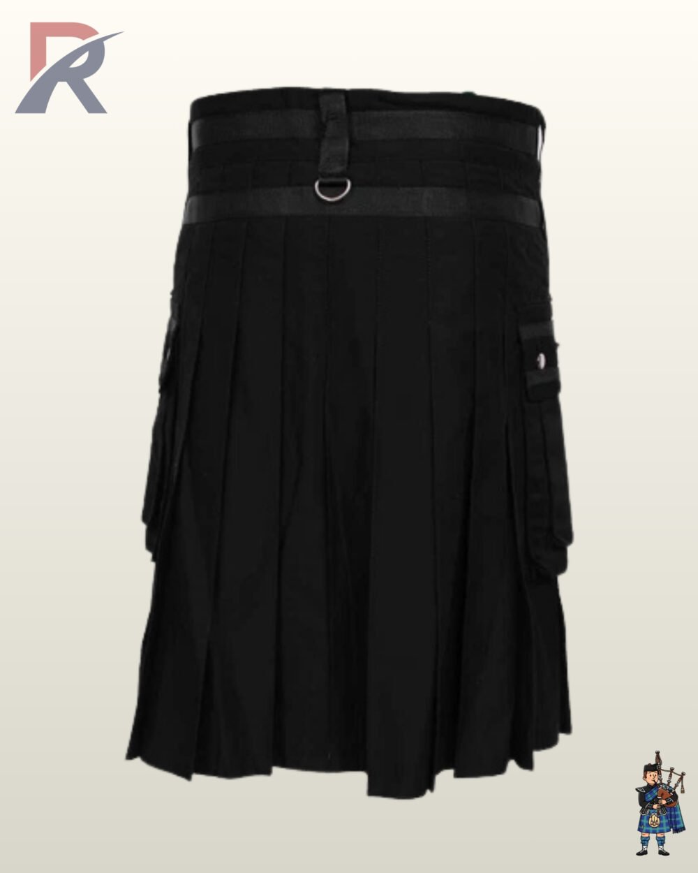 Men's alternative darkwear kilt showing a black center apron, side pleats, and triple silver chains across the front.