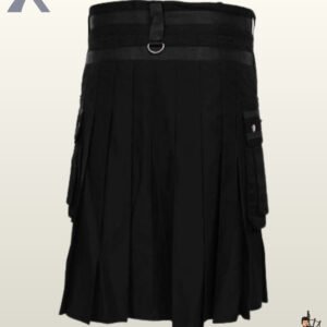 Men's alternative darkwear kilt showing a black center apron, side pleats, and triple silver chains across the front.