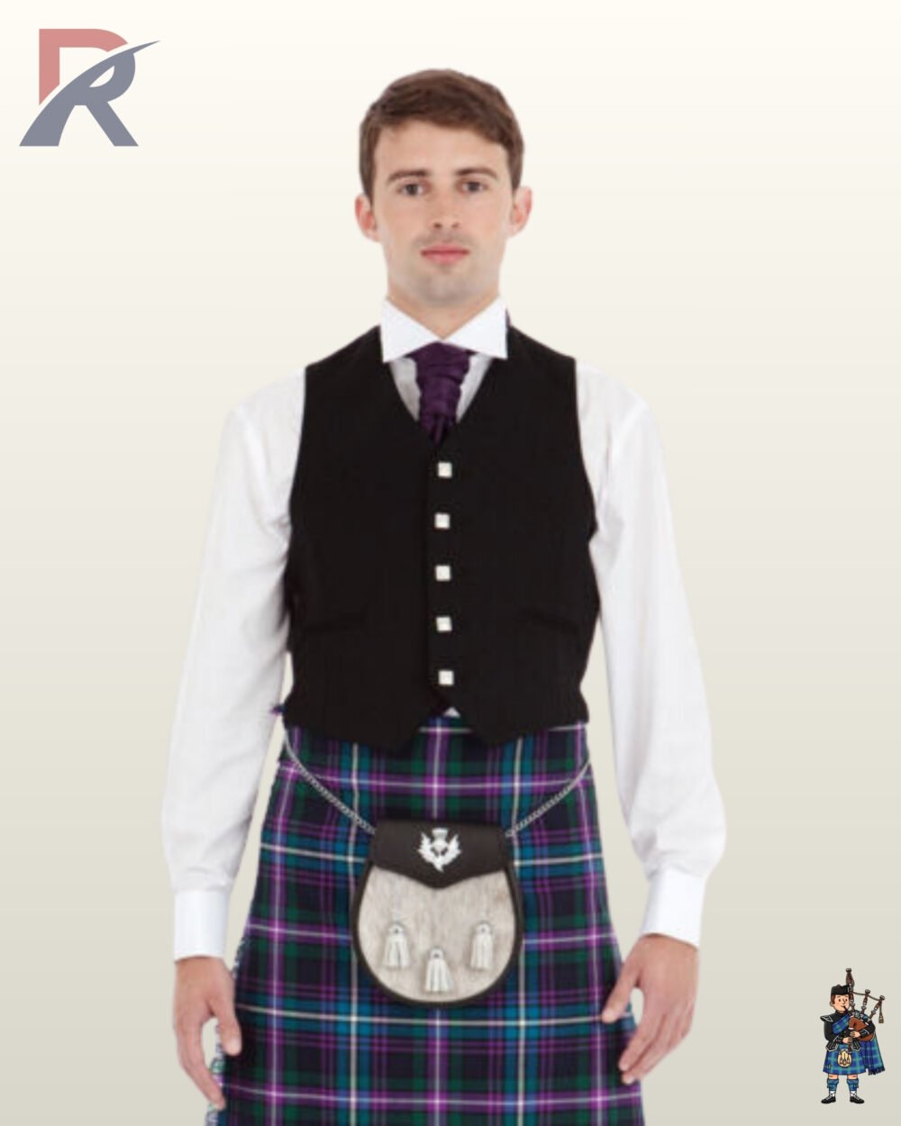 Front view of a man wearing a 5-button black wool Argyle kilt waistcoat with square silver buttons and a purple cravat tie.
