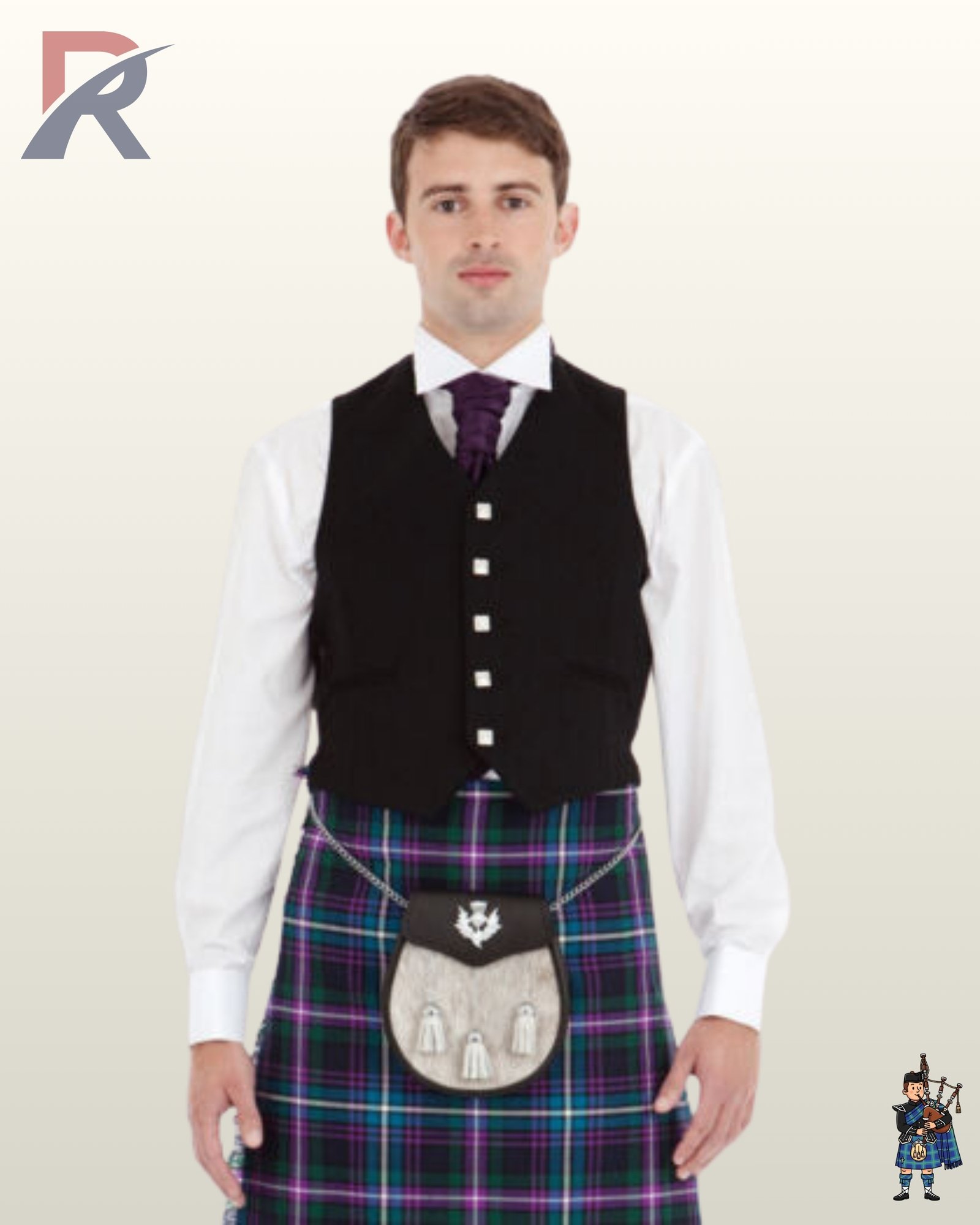 Front view of a man wearing a 5-button black wool Argyle kilt waistcoat with square silver buttons and a purple cravat tie.