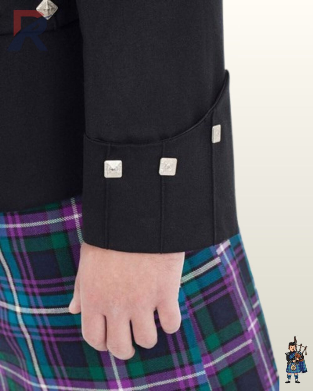 Detailed view of cuff stitching and silver diamond button embellishments on a formal men's black wool highland kilt jacket.