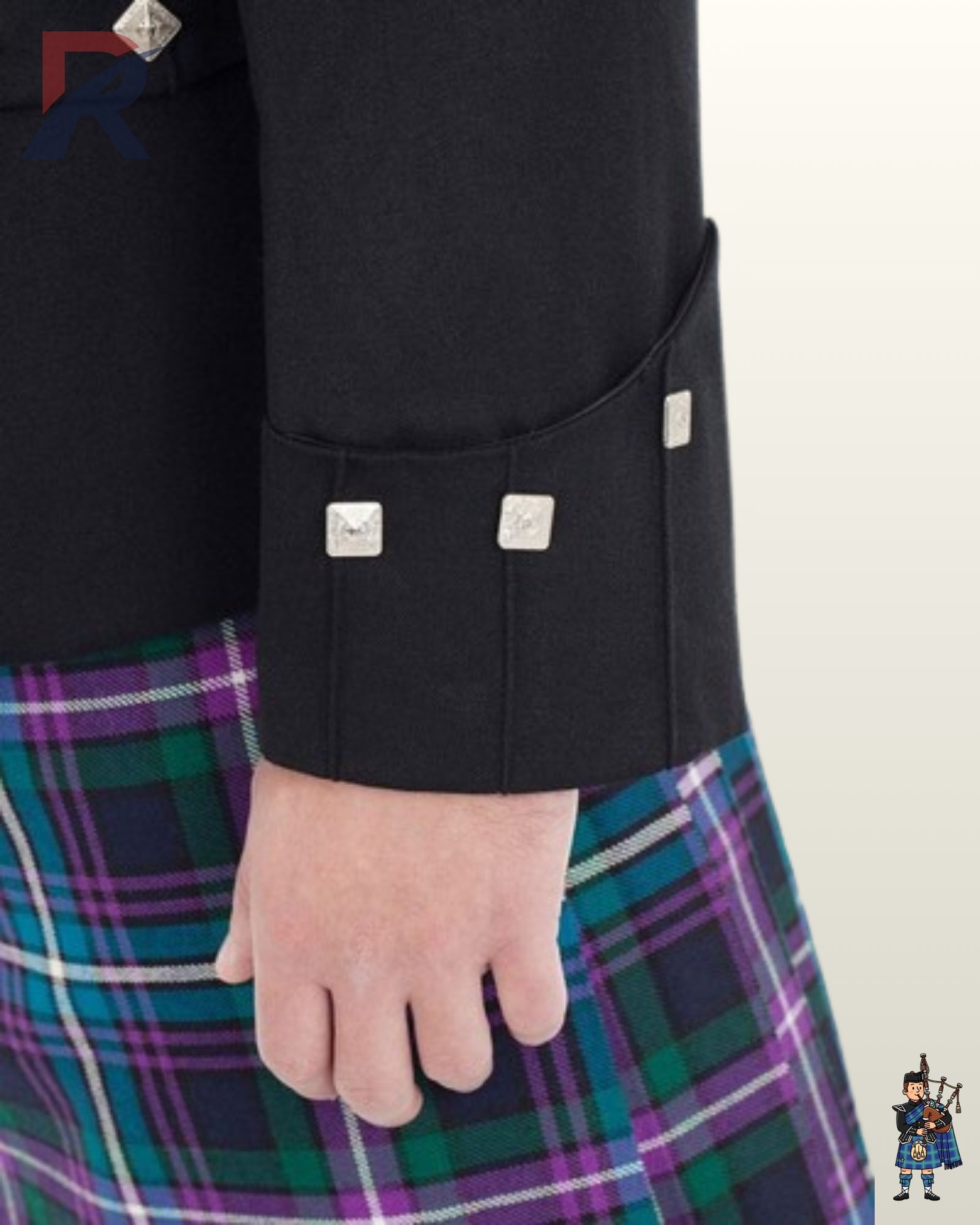 Detailed view of cuff stitching and silver diamond button embellishments on a formal men's black wool highland kilt jacket.