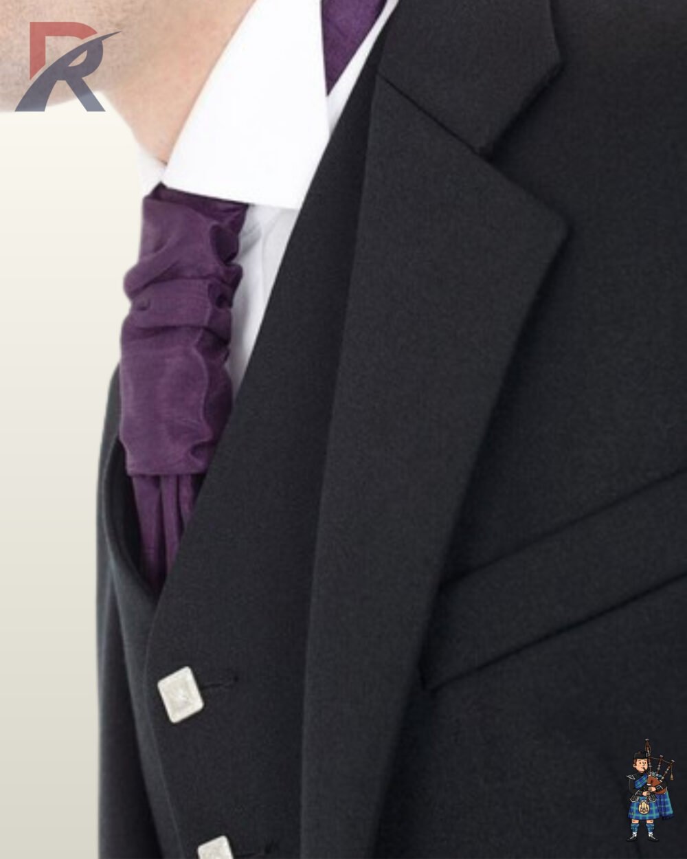 Detailed shot of notched lapel tailoring and square silver buttons on a formal men's black wool Argyle kilt jacket.