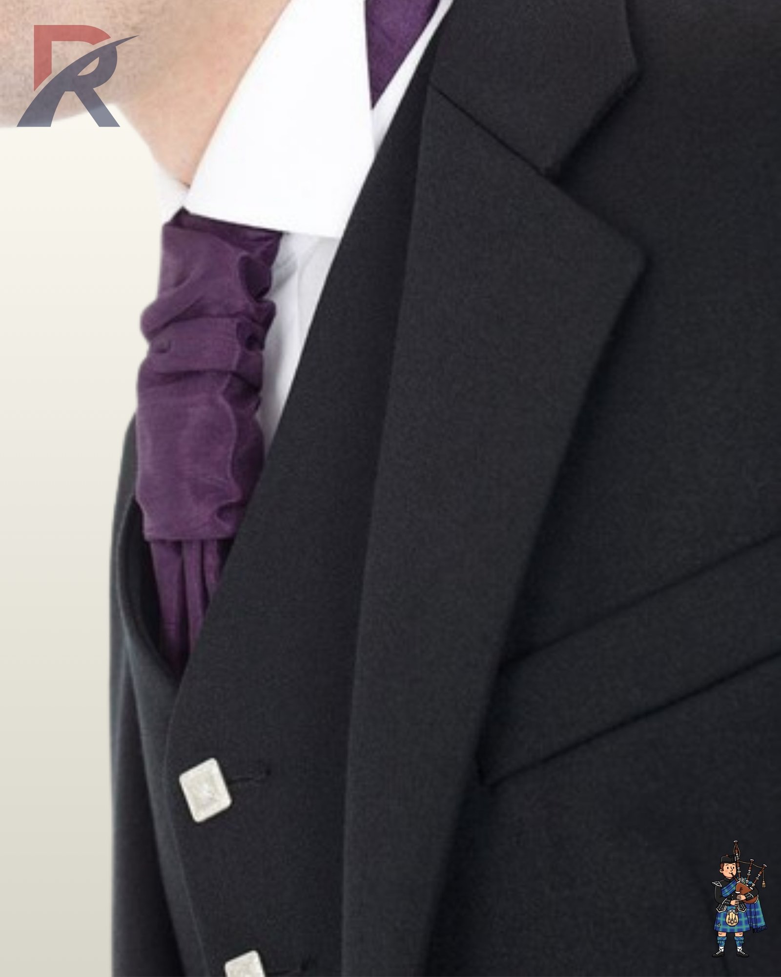 Detailed shot of notched lapel tailoring and square silver buttons on a formal men's black wool Argyle kilt jacket.