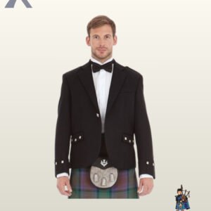 Traditional men's black wool Argyle kilt jacket outfit featuring square silver buttons, a fur sporran, and highland dress accessories.