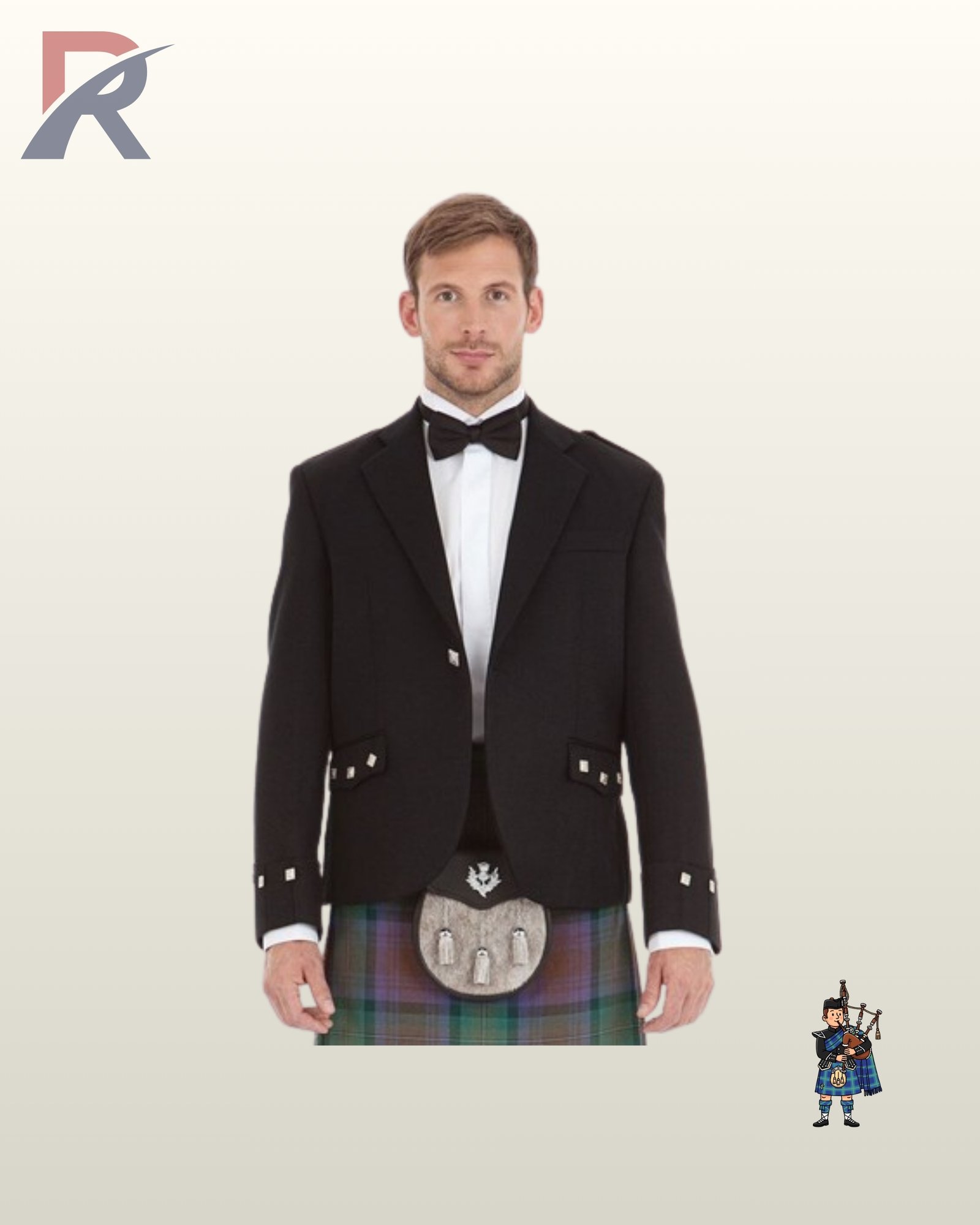 Traditional men's black wool Argyle kilt jacket outfit featuring square silver buttons, a fur sporran, and highland dress accessories.