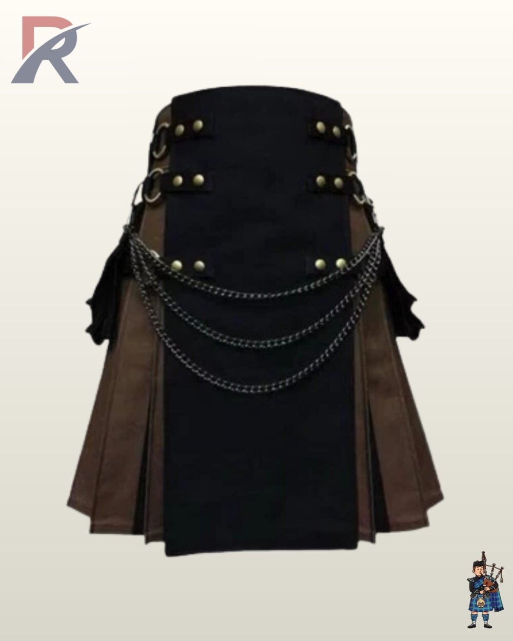 Front view of a men's two-tone black and brown gothic utility kilt featuring three draped metallic front chains.