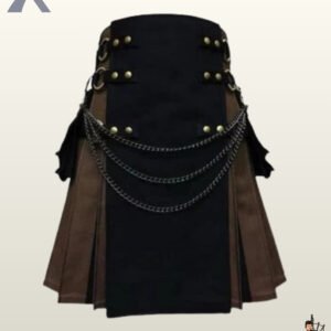Front view of a men's two-tone black and brown gothic utility kilt featuring three draped metallic front chains.