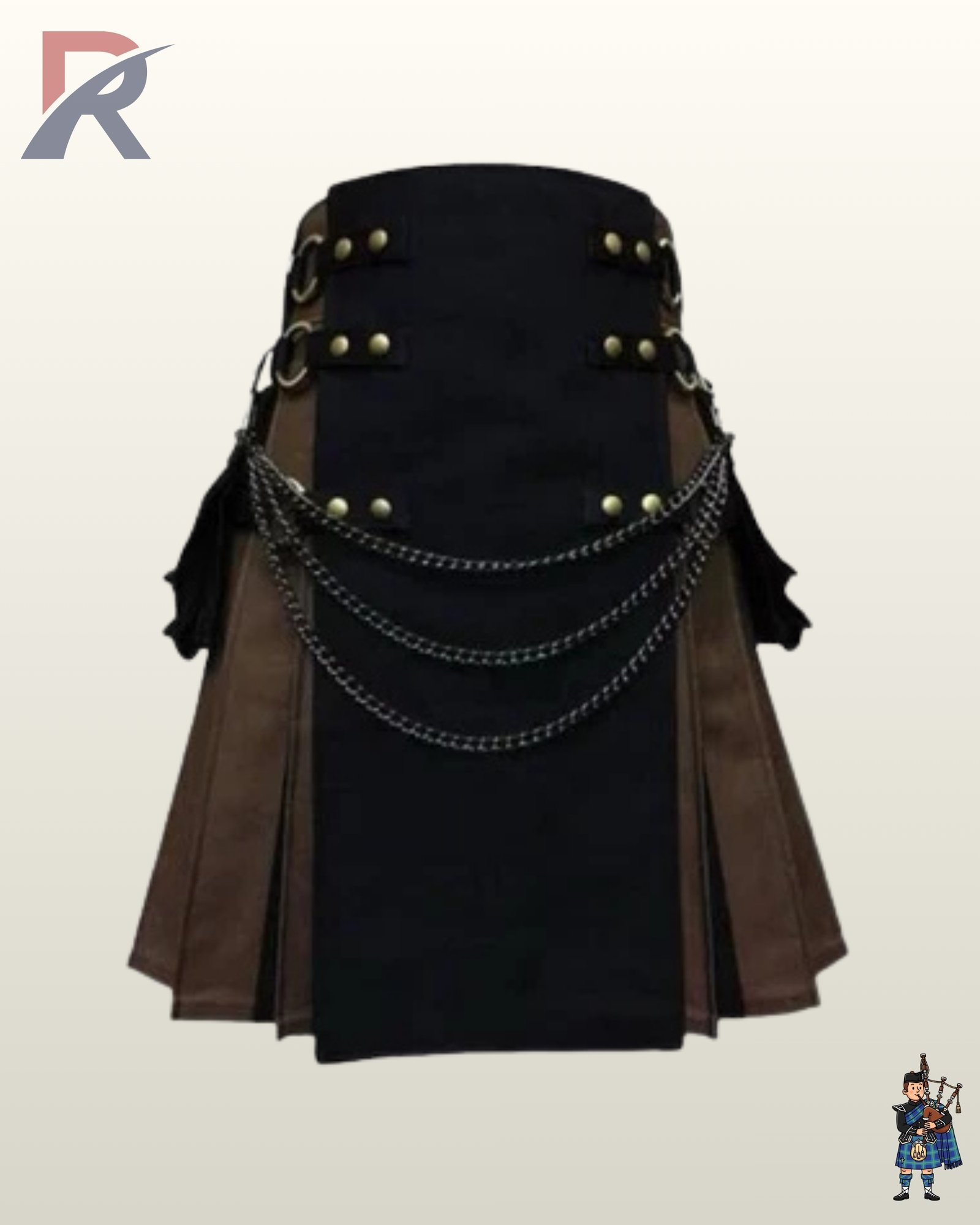 Front view of a men's two-tone black and brown gothic utility kilt featuring three draped metallic front chains.