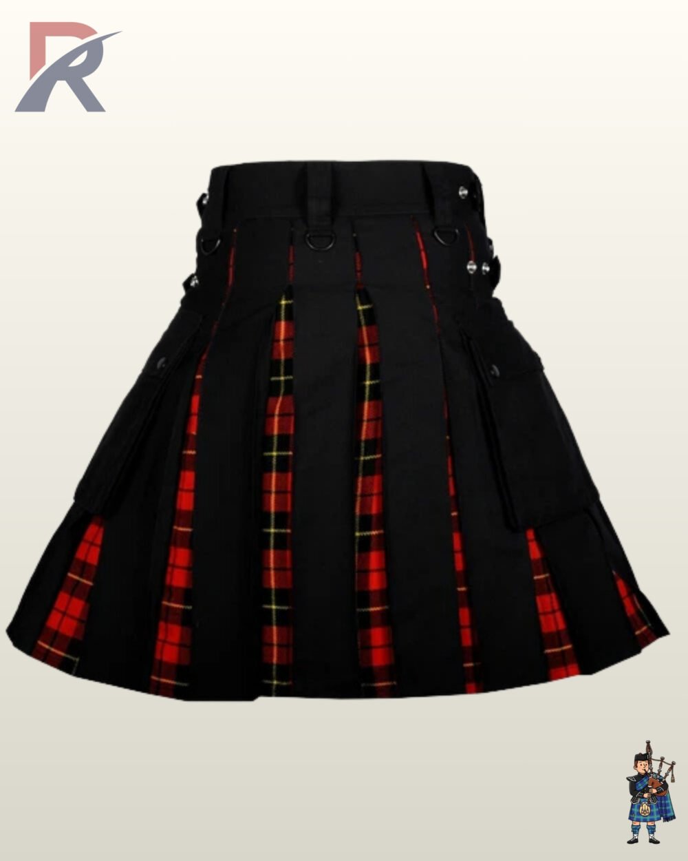 Men's alternative fashion kilt showing black outer panels with a red Royal Stewart tartan reveal.