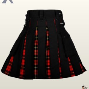 Men's alternative fashion kilt showing black outer panels with a red Royal Stewart tartan reveal.