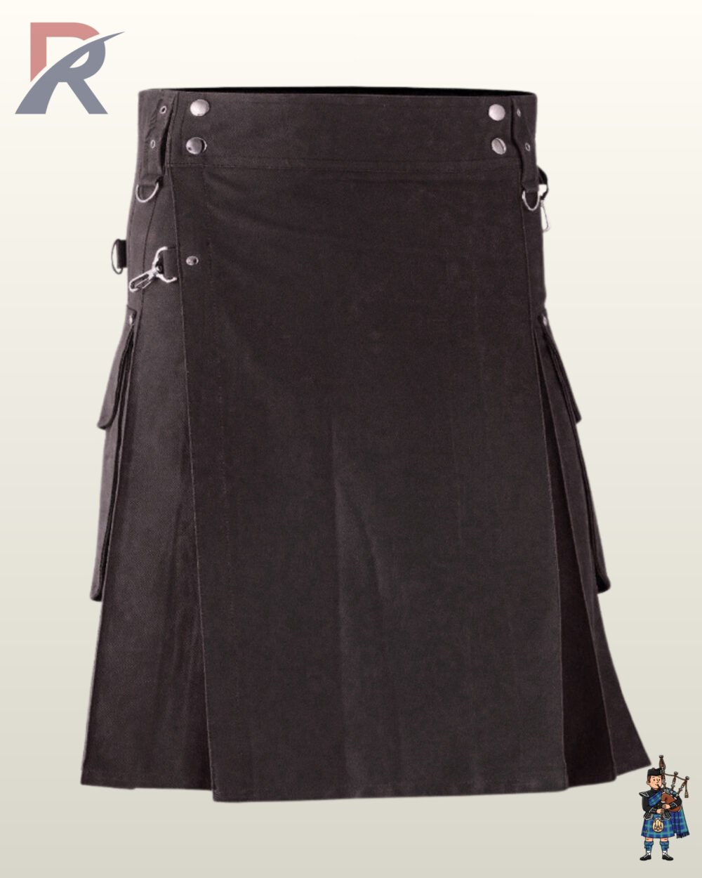 Men's darkwear black cotton kilt showing a V-strap front design, side pleats, and cargo storage pouches.