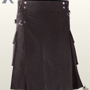 Men's darkwear black cotton kilt showing a V-strap front design, side pleats, and cargo storage pouches.