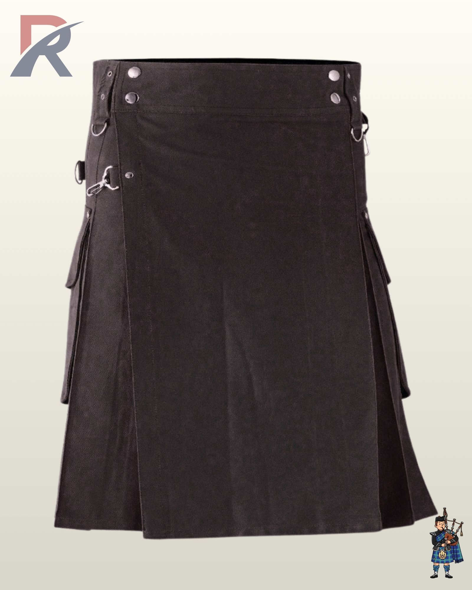 Men's darkwear black cotton kilt showing a V-strap front design, side pleats, and cargo storage pouches.