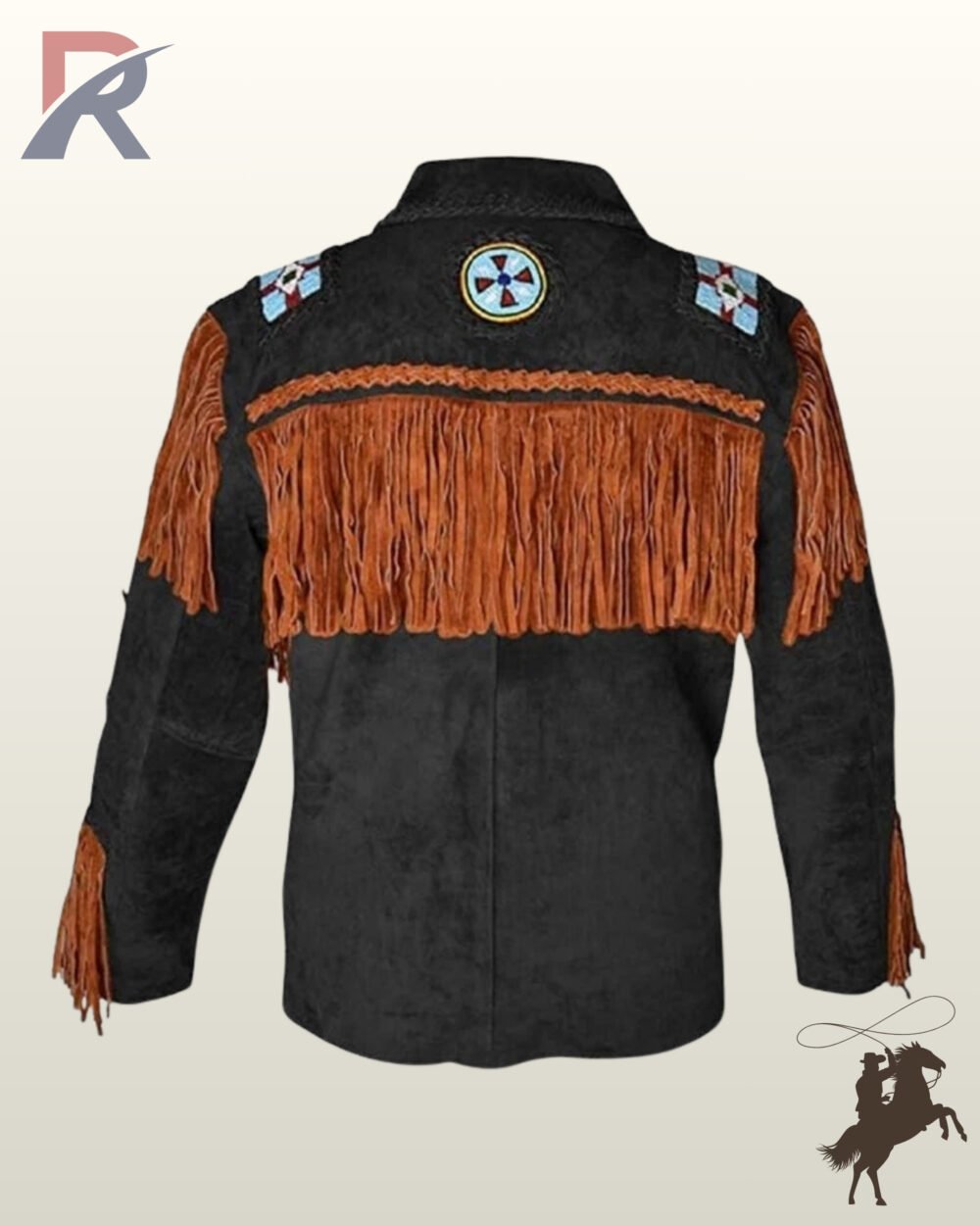 Rear view of a men's black suede western jacket featuring a cognac brown fringed back yoke, whipstitched trim, and a circular beaded medicine wheel emblem.