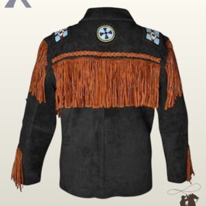 Rear view of a men's black suede western jacket featuring a cognac brown fringed back yoke, whipstitched trim, and a circular beaded medicine wheel emblem.