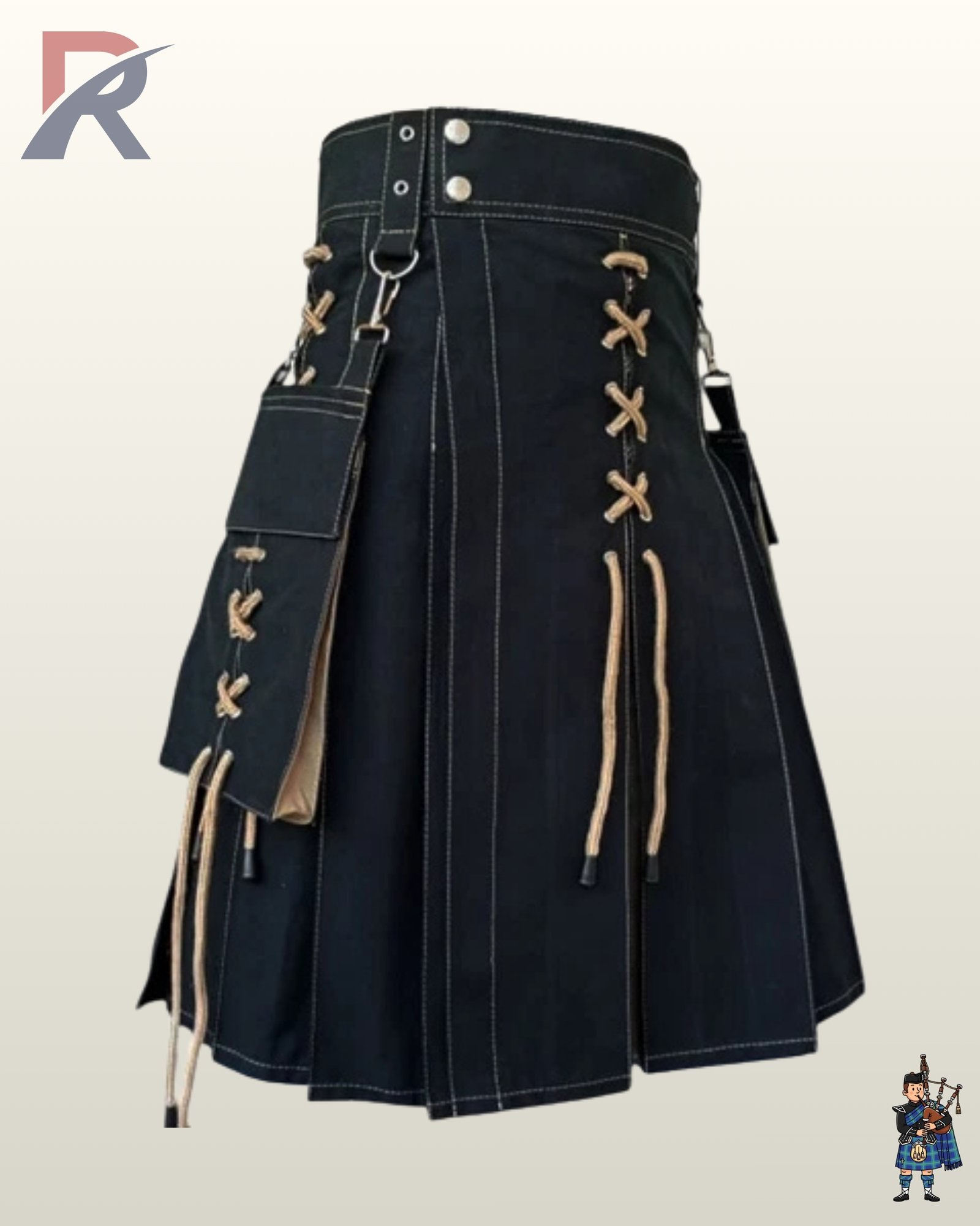 Heavy duty black canvas kilt displaying top waistband eyelets, silver clips, and tan rope ties.