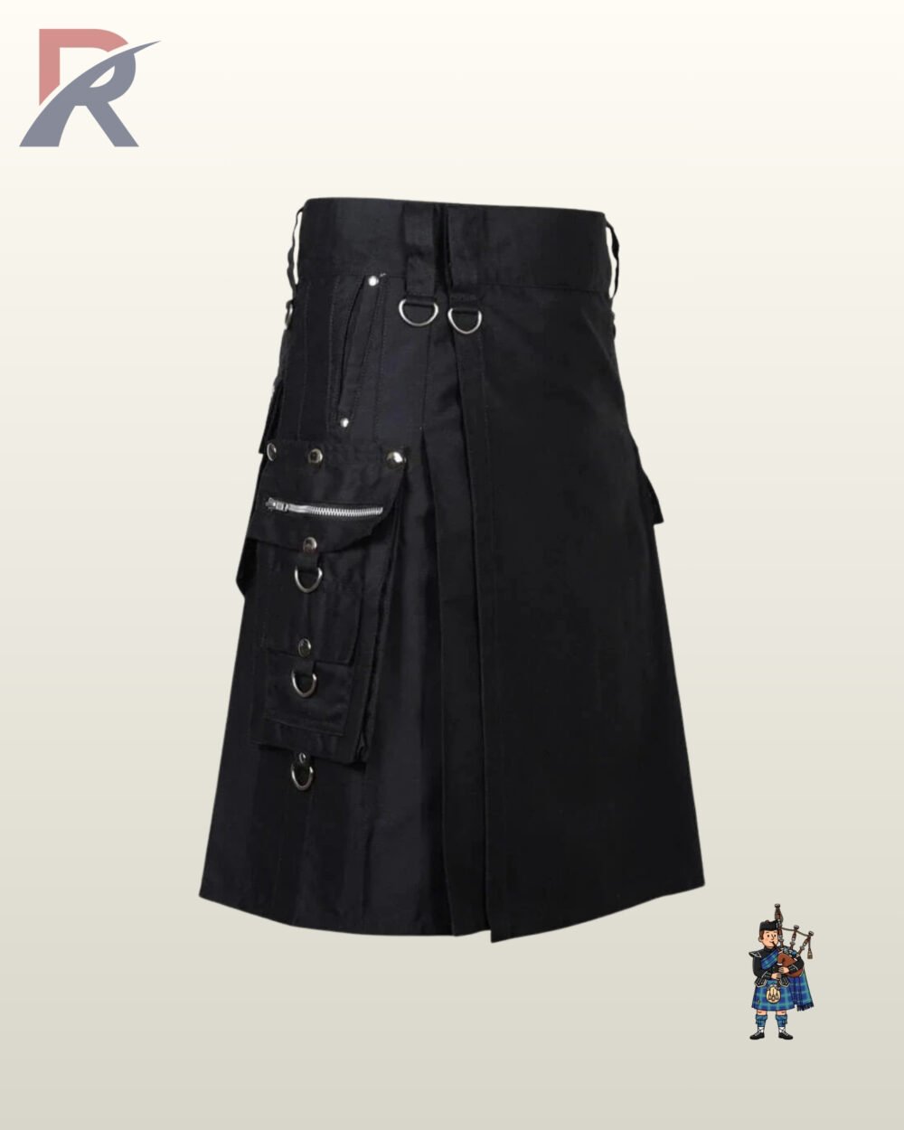 Heavy-duty black canvas tactical kilt showing rear pleated design, waist D-rings, and studded pocket flaps.