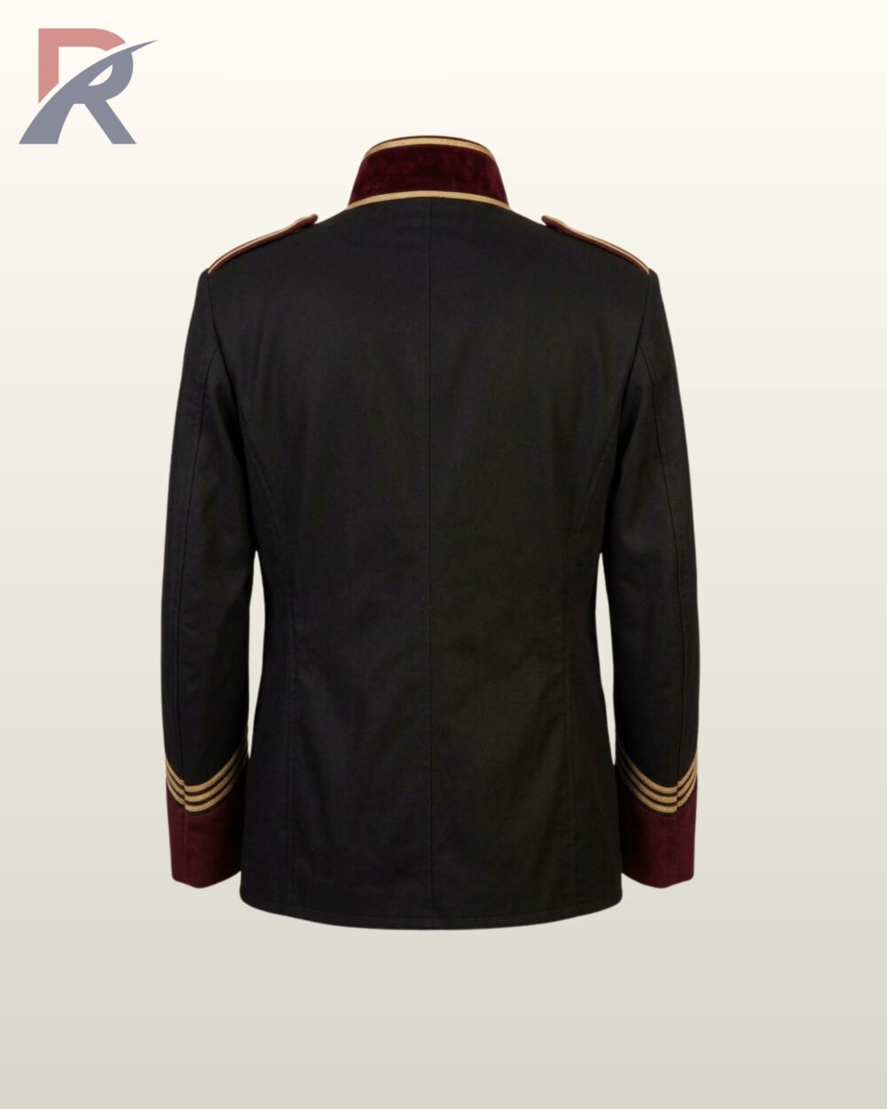 Flat catalog display of the back of a men's Victorian naval parade tunic in black cotton with maroon velvet cuffs and structured back seams.