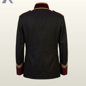 Flat catalog display of the back of a men's Victorian naval parade tunic in black cotton with maroon velvet cuffs and structured back seams.