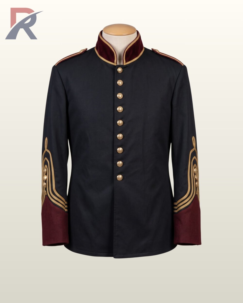 Direct front mannequin view of a men's black cotton military officer tunic featuring a burgundy velvet mandarin collar, gold piping, and brass buttons.