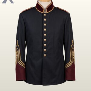 Direct front mannequin view of a men's black cotton military officer tunic featuring a burgundy velvet mandarin collar, gold piping, and brass buttons.