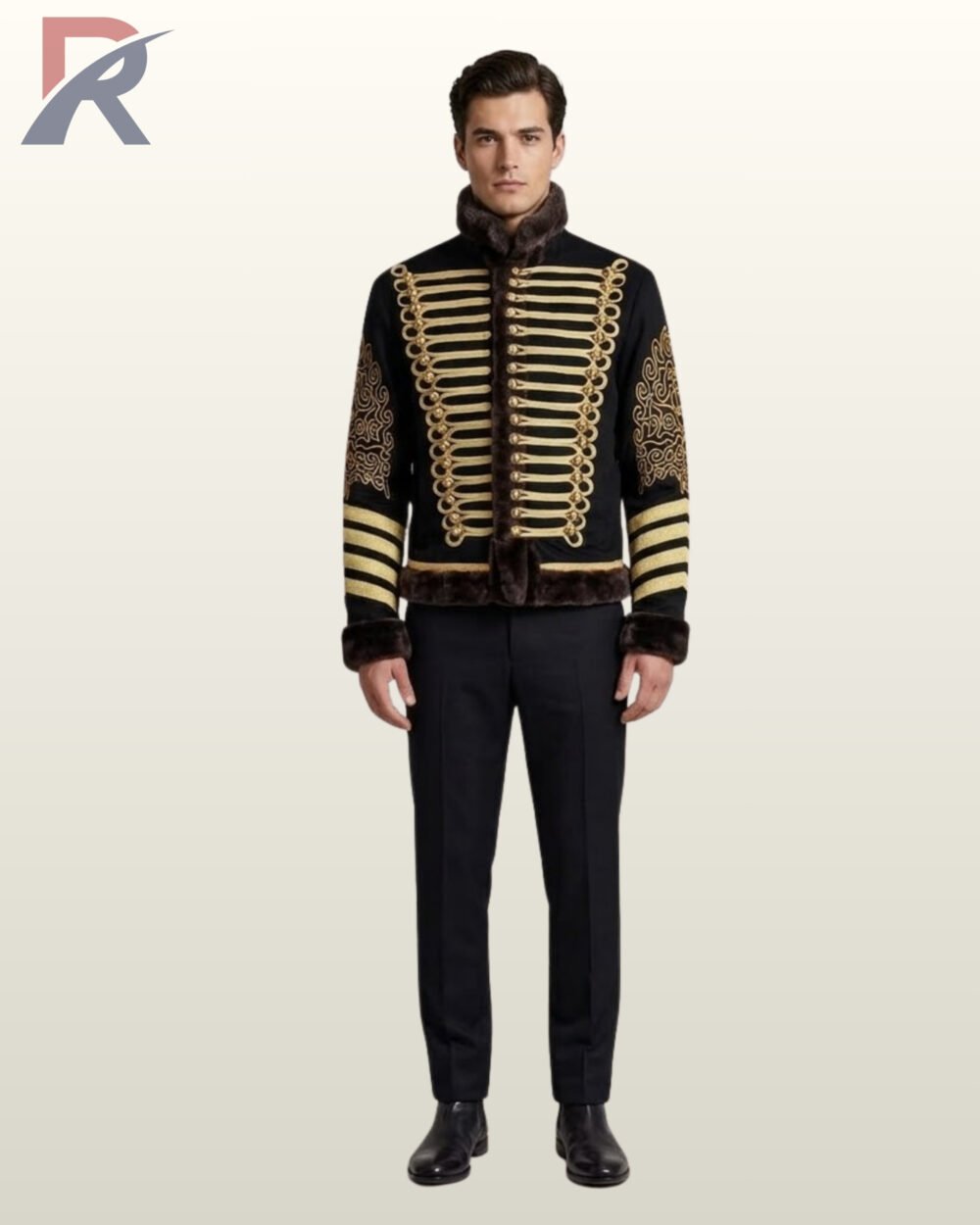 Men's gothic victorian style black pelisse tunic jacket displaying elaborate gold sleeve embroidery, multi-stripe cuffs, and fur collar and hem.