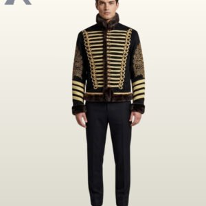 Men's gothic victorian style black pelisse tunic jacket displaying elaborate gold sleeve embroidery, multi-stripe cuffs, and fur collar and hem.