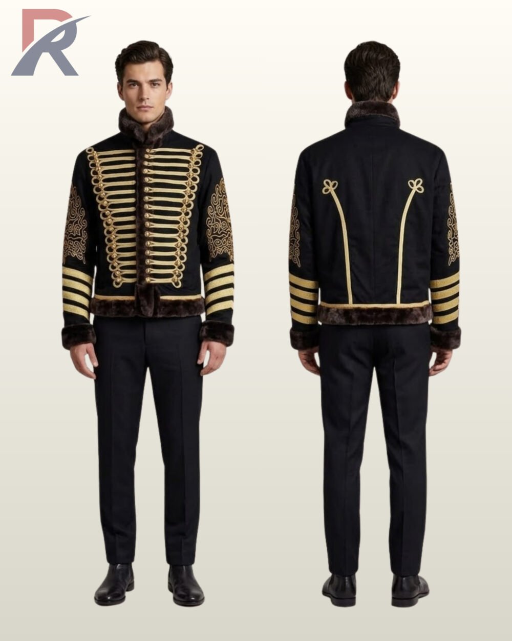 Side-by-side front and rear view of a model wearing a men's black military hussar pelisse jacket with gold braid horizontal bars, brass buttons, and fur lining.