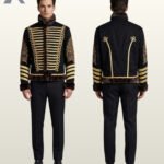 Side-by-side front and rear view of a model wearing a men's black military hussar pelisse jacket with gold braid horizontal bars, brass buttons, and fur lining.