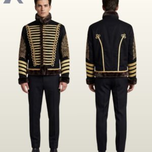 Side-by-side front and rear view of a model wearing a men's black military hussar pelisse jacket with gold braid horizontal bars, brass buttons, and fur lining.