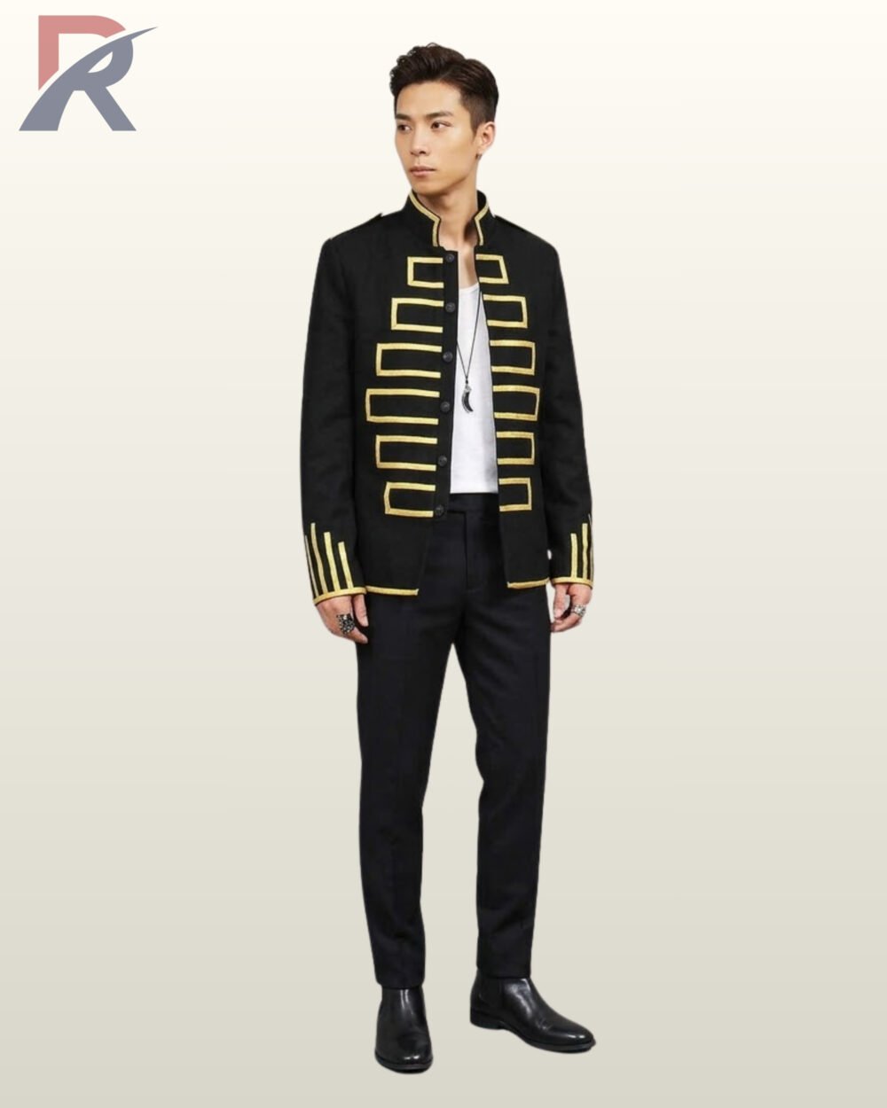 Full-length front view of a model wearing an open black military hussar jacket styled with black trousers, displaying gold chest braid motifs and cuff trim.