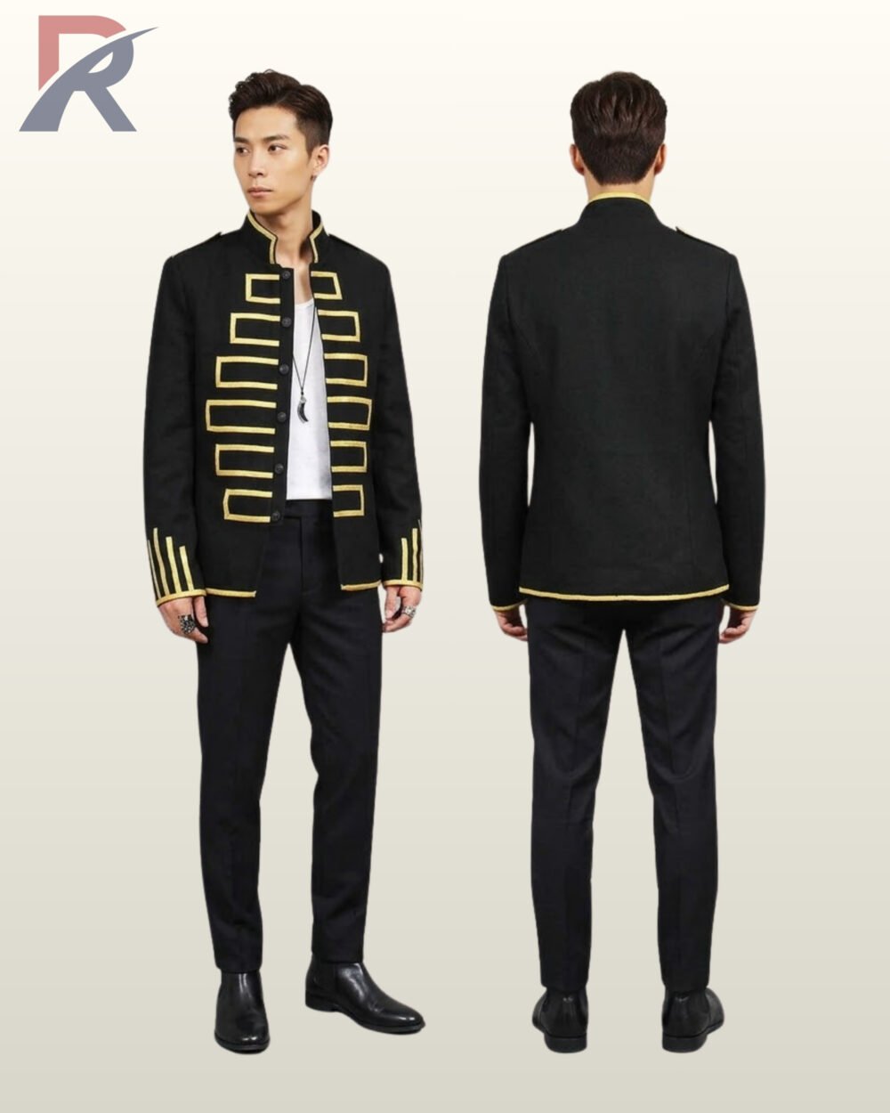 Full product catalog shot showing front open-style and back perspective of a handcrafted black gothic hussar tunic jacket.