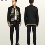 Full product catalog shot showing front open-style and back perspective of a handcrafted black gothic hussar tunic jacket.