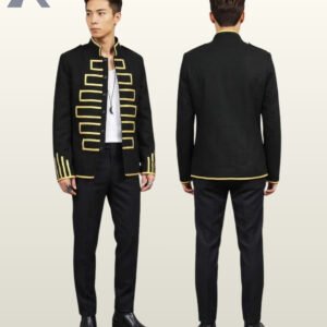 Full product catalog shot showing front open-style and back perspective of a handcrafted black gothic hussar tunic jacket.