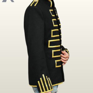 Close-up shot of a men's black mandarin collar parade jacket highlighting gold chest trim, shoulder epaulette, and detailed cuff striping.