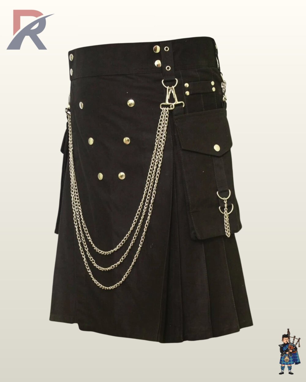 Front-side view of a men's black gothic utility kilt featuring round gold stud embellishments and three draped side chains.