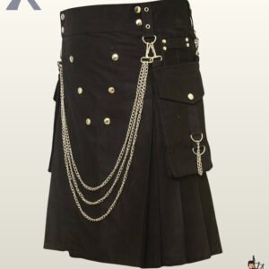 Front-side view of a men's black gothic utility kilt featuring round gold stud embellishments and three draped side chains.
