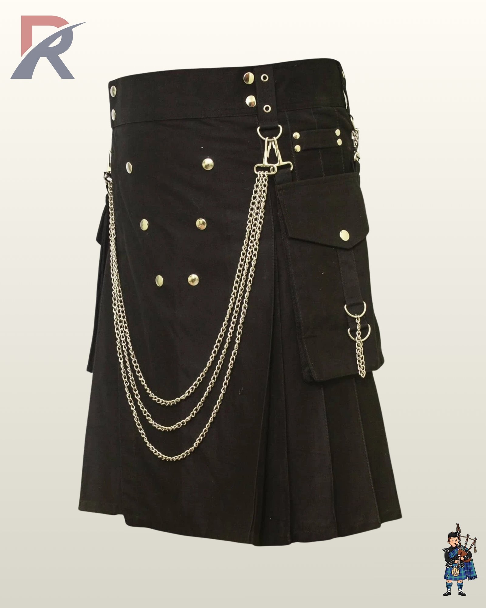 Front-side view of a men's black gothic utility kilt featuring round gold stud embellishments and three draped side chains.