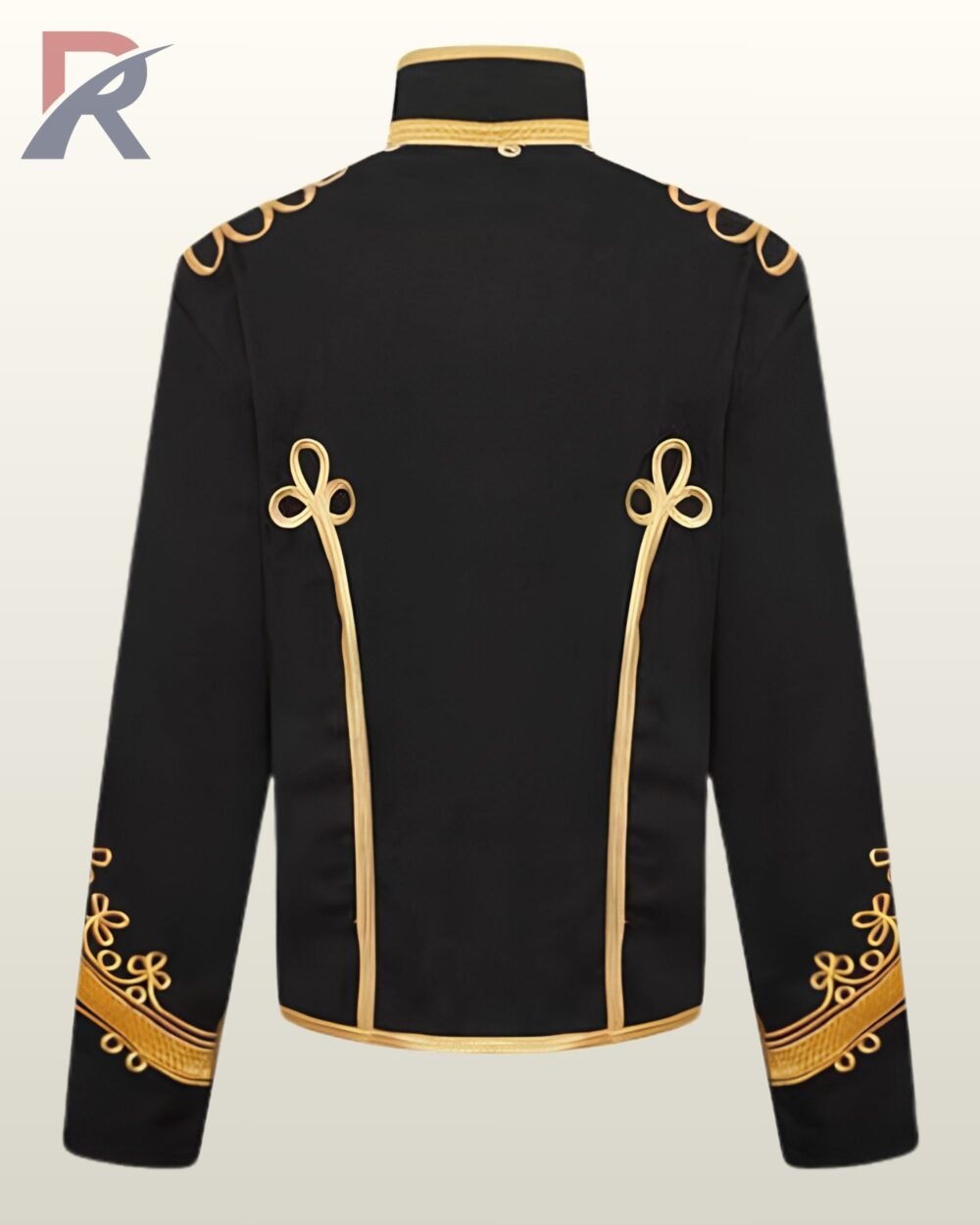 Flat catalog shot of the back of a men's victorian parade tunic displaying gold braided Austrian knot back accents, gold standing collar trim, and ornate sleeve cuffs.