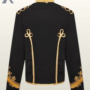 Flat catalog shot of the back of a men's victorian parade tunic displaying gold braided Austrian knot back accents, gold standing collar trim, and ornate sleeve cuffs.