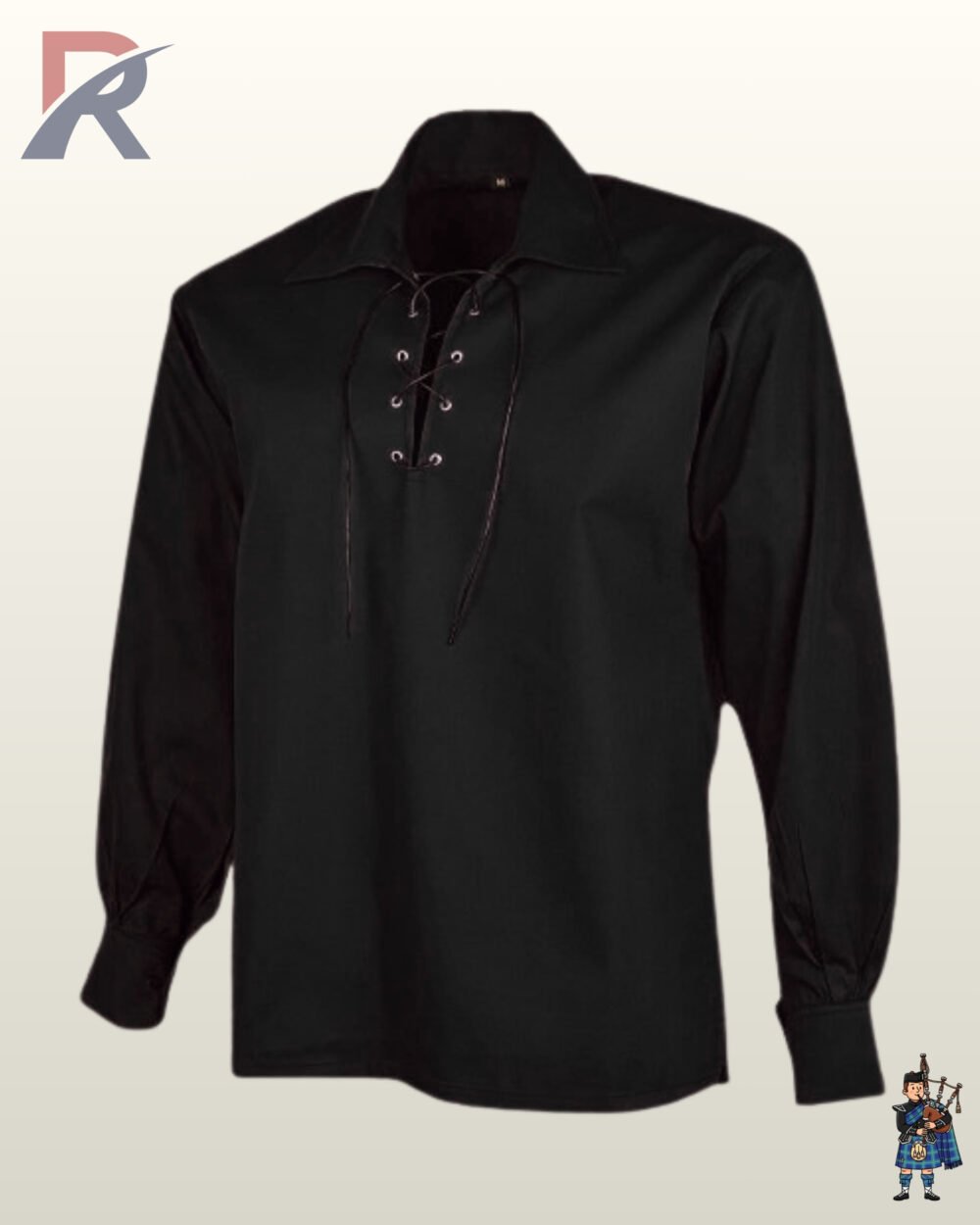 Front view of a men's all-black Jacobite ghillie shirt featuring a black leather lace-up front and metal eyelets.
