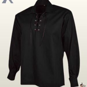 Front view of a men's all-black Jacobite ghillie shirt featuring a black leather lace-up front and metal eyelets.
