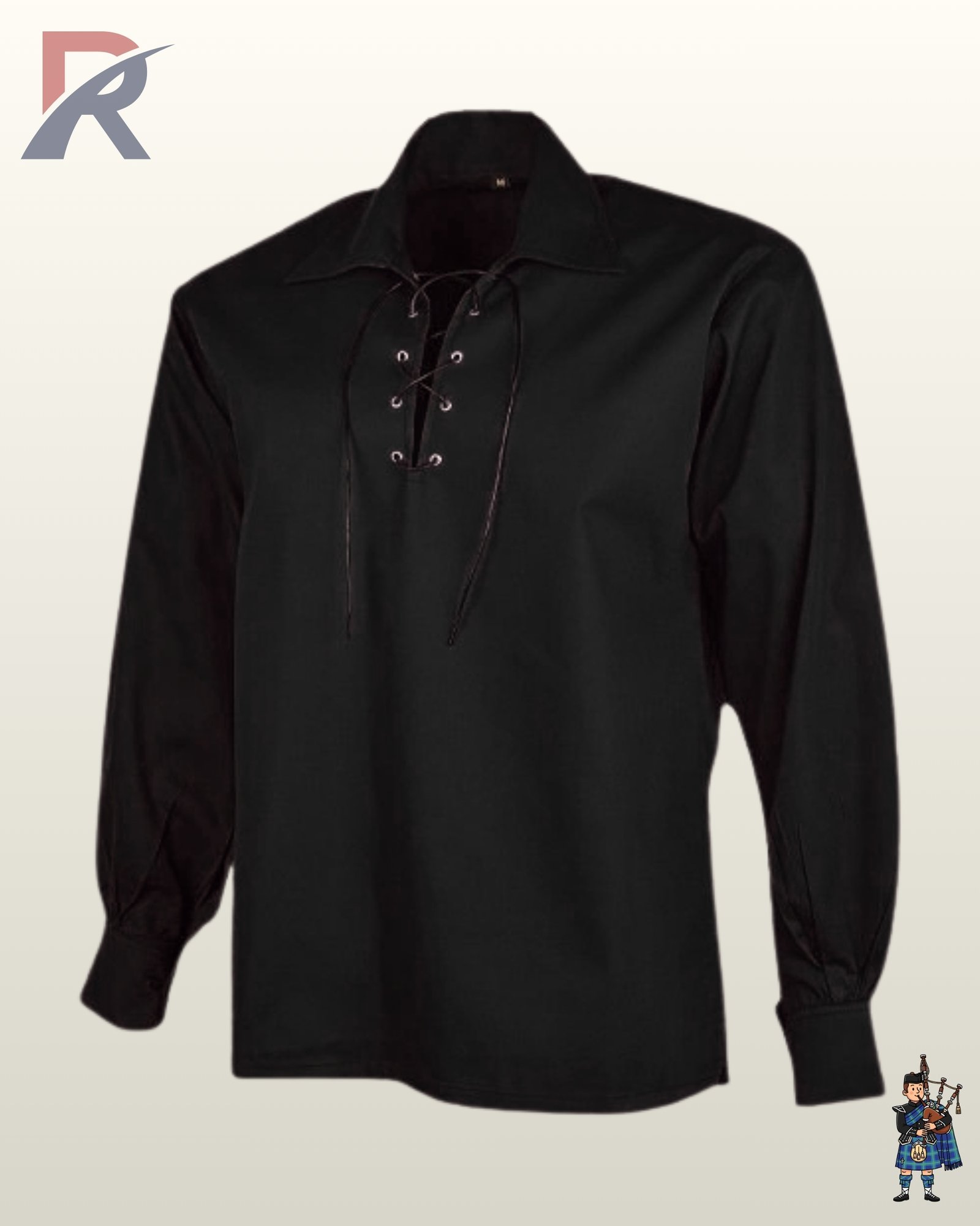 Front view of a men's all-black Jacobite ghillie shirt featuring a black leather lace-up front and metal eyelets.