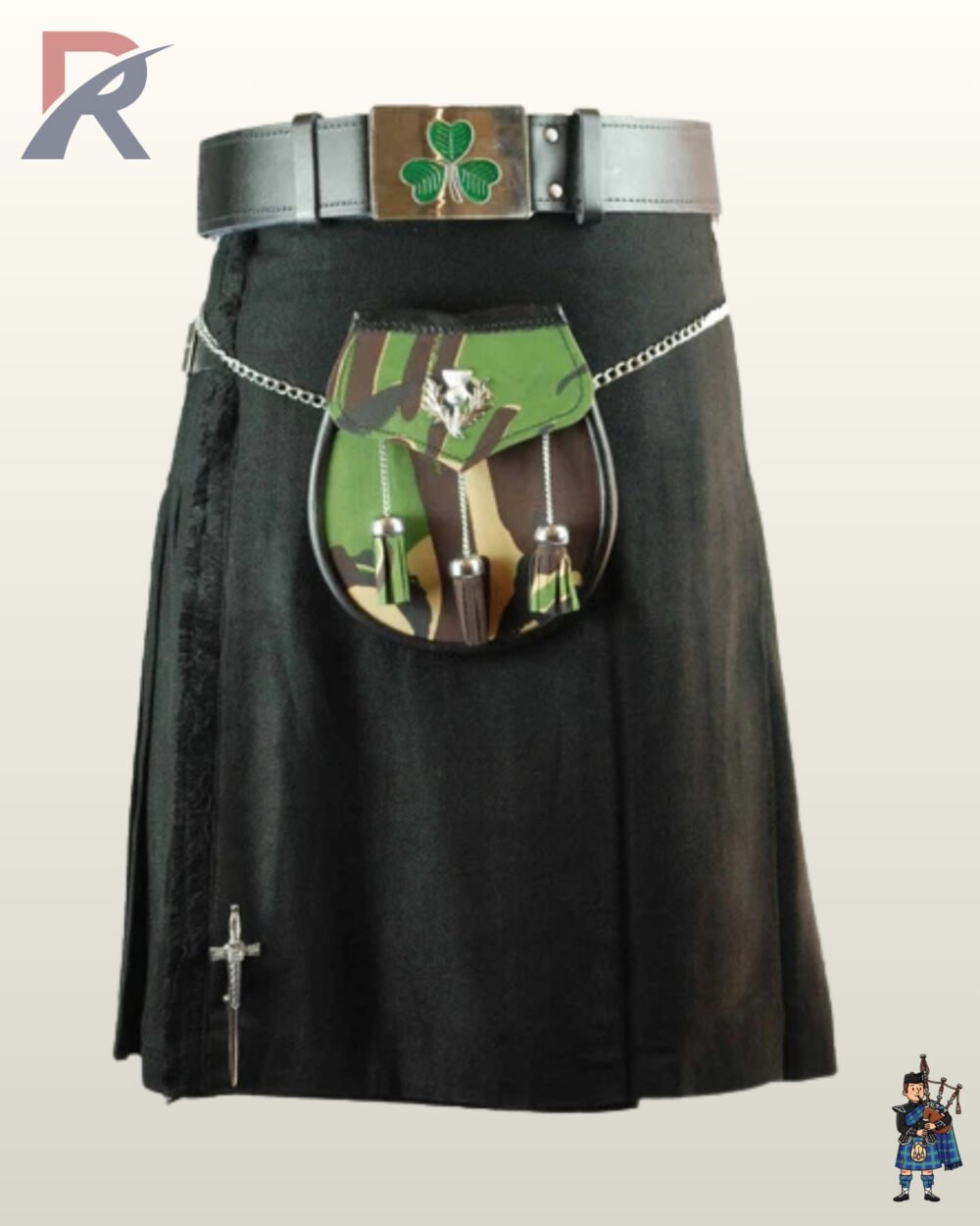 Men's solid black utility kilt featuring a green shamrock belt buckle, camouflage sporran, and silver kilt pin.