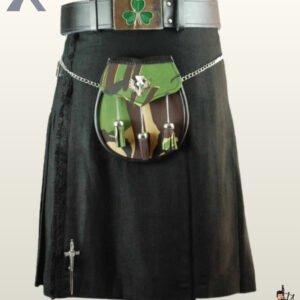 Men's solid black utility kilt featuring a green shamrock belt buckle, camouflage sporran, and silver kilt pin.