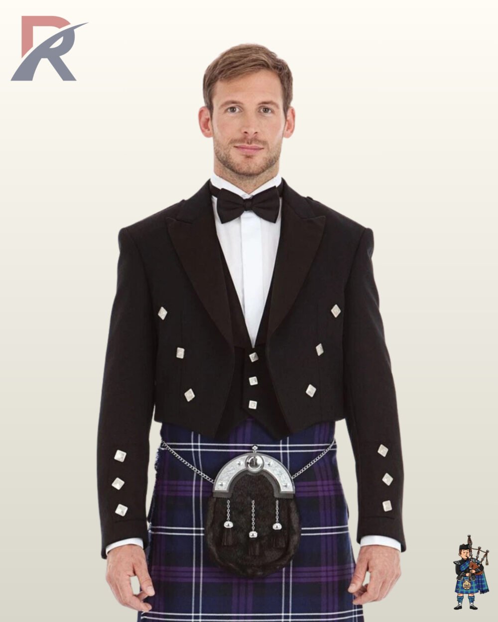 Full front view of a man wearing a formal black Prince Charlie kilt jacket set with a matching 3-button vest and purple tartan kilt.