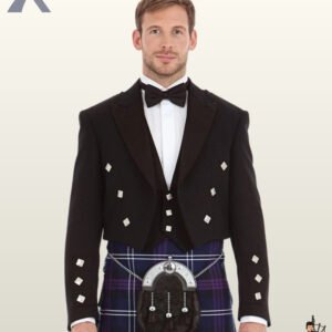 Full front view of a man wearing a formal black Prince Charlie kilt jacket set with a matching 3-button vest and purple tartan kilt.