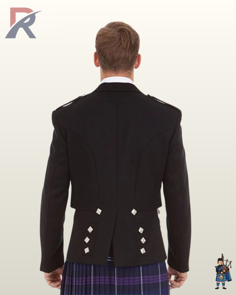 Rear view of a men's black Prince Charlie kilt jacket displaying structured back skirts decorated with square silver buttons.